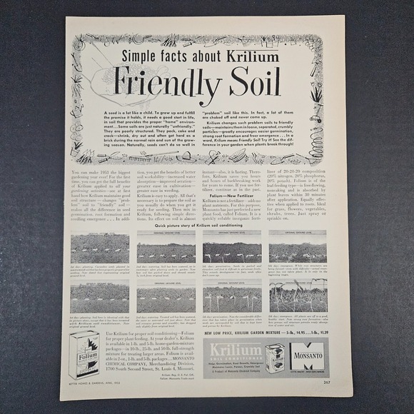 1953 Monsanto Chemical Co Krilium Soil Conditioner Vintage Print Ad St Louis MO